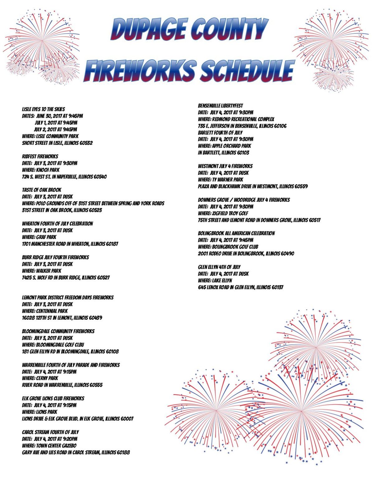 Fireworks Schedules for DuPage and McHenry County Merlak Tax Advisory