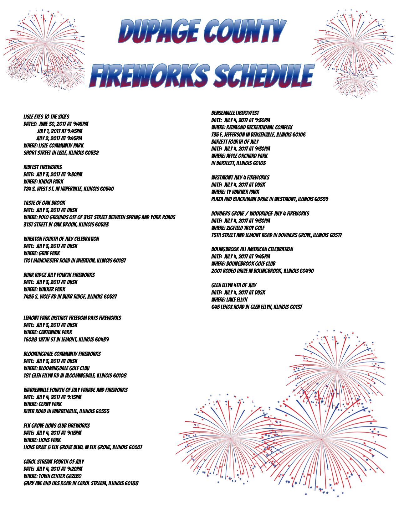 Fireworks Schedules for DuPage and McHenry County Merlak Tax Advisory